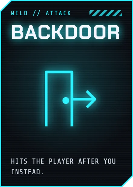 A faded BACKDOOR card, held by a ghost process