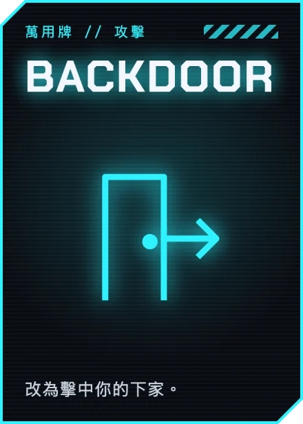 一張褪色的 BACKDOOR 牌，握在幽靈程序手裡